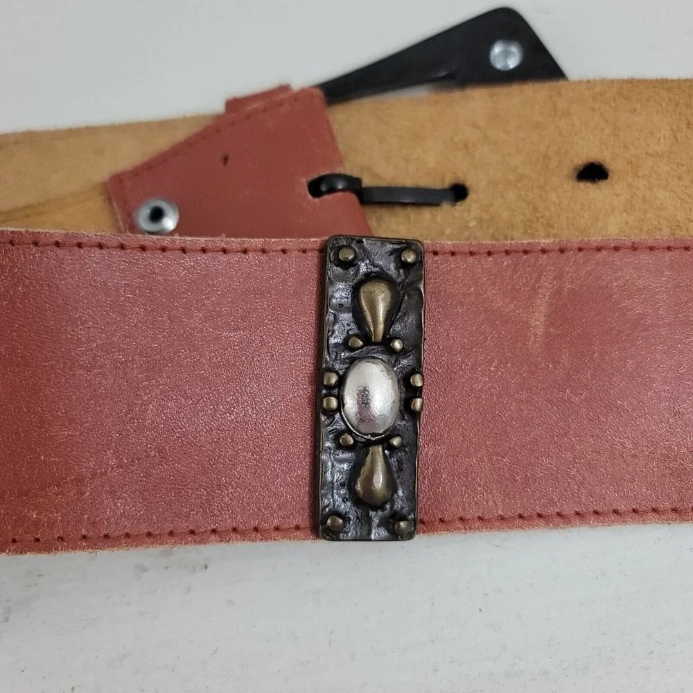 Studded Belt Womens Medium Brown Leather Sepia Tan Western Boho Embellished - Picture 6 of 10